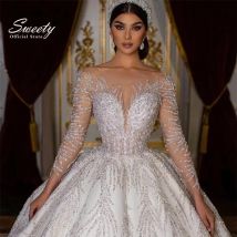 Glitter Hochzeit Kleid Spitze Mit Perlen Ballkleid Prinzessin Volle Hülse O-ansatz Braut Kleid Backless Angepasst Vestido De Novia