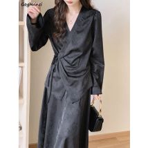 Schwarze Kleider Frauen Langarm Slim Fit Design Frühling Temperament Chineses Chic Alle-spiel Vintage-Mode Damen Hohe Taille vestido