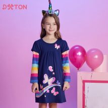Dxton neue Baumwolle Mädchen Kleid Winter Regenbogen Langarm Kinder Freizeit kleid Schmetterlinge drucken gerade Kinder Kleider Kleidung