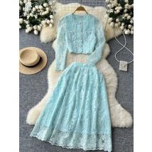 Herbst Elegante Blume Stickerei Spitze Zwei Stück Passenden Set frauen Langarm Perlen Taste Crop Top Midi Röcke Anzüge