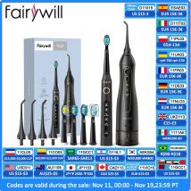 Fairywill-cepillo de dientes eléctrico sónico y hilo dental con carga USB, resistente al agua, 5 modos, 3 cabezales, limpiador de dientes