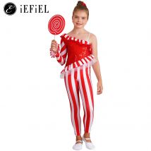 Bambini Ragazze Candy Cane Natale Danza Tuta Tuta Unitard Una spalla Vacanze di Natale Babbo Natale Sweetie Costume Dancewear