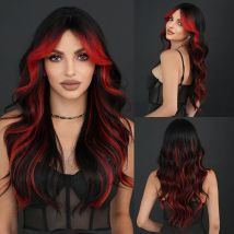 NAMM Highlight Skunk Red Wig Body Wave Synthetic Black Wig for Women Daily Party Use Highlight Red Wavy Wigs with Fluffy Bangs