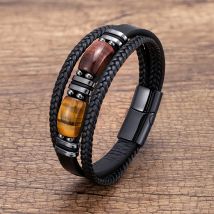 Neue Natürliche Tigerauge Stein männer Armband Armband Hand-gewebt Multi-Schicht Geflochtene Leder Armreifen Edelstahl Schmuck
