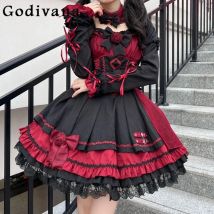 Schwarz und Rot Lolita Kleid frauen Süße Gothic Hohe Taille Bogen Spitze Nähte Kurzes Kleid Set Dame Hosenträger Kleider vestidos