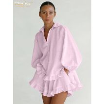 Clacive Fashion Loose Pink Stripe Shorts Set 2-teiliges Damen-2025, elegantes Langarmshirt mit Rüschen-Shorts-Set mit hoher Taille