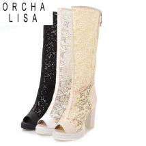 ORCHA LISA Damen Sommerstiefel Peep Toe Chunky Heels Spitze Mesh Splice Große Größe 33-43 Schwarz Weiß Mode Sexy S4036