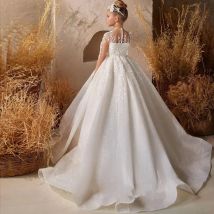 Weißes Satin-Perlen-Blumenmädchenkleid für die Hochzeit, Pailletten, volle Ärmel, Kind, Erstkommunion, Geburtstag, Partykleid, Ballkleider