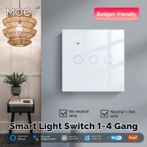 Tuya WiFi Smart Licht Schalter Glas Touch Control Feuerfest Kein Neutralleiter Erforderlich Fernbedienung Alexa Google Home Kompatibel