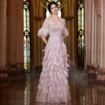 Alice Collection Pro 2024 Arabische Abendkleider Kleider Rosa Federn Perlen Party Formelle Kleidung Frau Eleganter Luxus