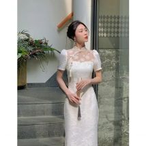 Frauen Beige Lange Cheongsam Spitze Transparent Floral Vintage Kleid Hochzeit Kostüme Traditionelle Kurze Qipao S Bis XXL