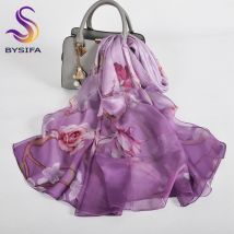 [BYSIFA] Lila 100% Maulbeerseide Schal Wrap Herbst Winter Magnolia Design Lange Schals Schals Frauen Frühling Sommer Strand Schal
