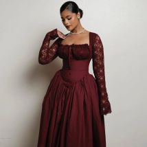 Elegantes Vintage-Damenkleid mit langen Spitzenärmeln, quadratischem Kragen, schlanker Taille und großem Saum, langes Kleid