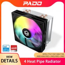 PADO 400 CPU-Kühler Kühler RGB PWM Silent Version 4 Heatpipe PC Luftkühler 120 mm Lüfter für Intel LGA 775 17XX 115X1200 AMD AM5