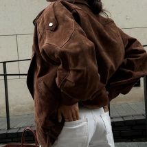 Vintage Braun Revers Unregelmäßige Kurze Lose Jacke Herbst Winter Streetwear Europäischen Amerikanischen Frauen Oberbekleidung Mode Casual Tops