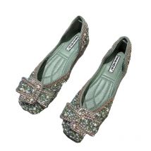 2022 New Women Ballet Flats Comfortable Crystal Diamond Dress Bow Sequins Single Shoes Rhinestone Glitter Square Toe Shoes