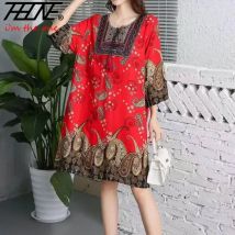 Indische kurze Kleid Frauen Midi-Print Blumen lässig übergroße böhmische lose bestickte Blumen Rundhals Strand Urlaub Vestidos