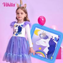 VIKITA Mädchen Lila Farbverlauf Einhorn Langarm Herbst Frühling Tüll Mesh Kleider Mädchen Geburtstag Party Abendkleid Prinzessin Kleider