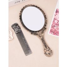 1 Herren-Bartkamm + ein hochauflösender Retro-Kosmetikspiegel mit Blumengriff, Make-up-Spiegel, tragbar, handgehalten, klein