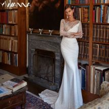 U-Boot-Ausschnitt Langarm Brautkleid Handgenähte Pailletten Perlen Braut Robe Glitzer Meerjungfrau Brautkleid Maßgeschneiderte Robe De Mariée