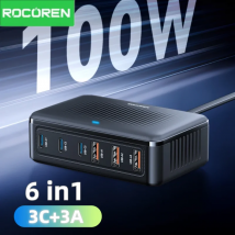 Caricatore USB Rocoren Caricatore GaN da 100 W Caricatore da tavolo a 6 porte con ricarica rapida di tipo C Stazione di alimentazione portatile per iPhone Xiaomi POCO