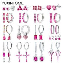 925 Sterling Silber Nadel Rose Rot Kristall Anhänger Silber Ohrringe Für Frauen Exquisite Herz Ohrstecker Modeschmuck