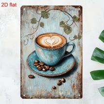 2D flache Vintage-Kaffeetasse aus Metall – rustikales blaues Emaille-Herz-Latte-Design, Eisenschild mit vorgebohrten Löchern