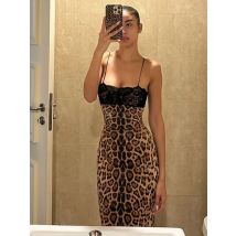 Nibber Patchwork Sequins Sling Dress Woman Leopard Print Sexy Fashion Low-Neck Backless Hot Girls Street Wild Style Long Bodycon