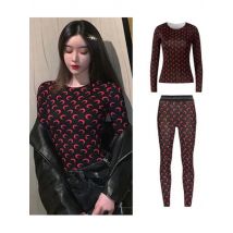 Autumn Two Piece Set New Womens American Retro Sweet Sexy Casual Set Moon Print Ice Silk Top Long Sleeve Pants