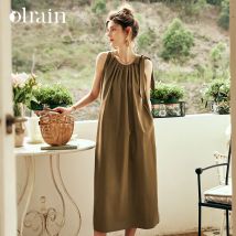 OLrain Ärmellose Westenkleider für Damen 2026 Frühling Sommer Französischer Urlaub Baumwolle Elegant Einfarbig Falten Hohl Sundress O23XL80921
