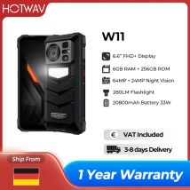 Wytrzymały smartfon HOTWAV W11, latarka 280 lm, bateria 20800 mAh, ładowanie 33 W, ekran 6,6'' FHD+, aparat tylny 64 MP, noktowizor 24 MP, 12 (6+6) GB RAM, 256 GB pamięci.