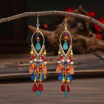 Boho etniczne koraliki długie kolczyki dla kobiet kolorowe kryształowe frędzle zwisają kolczyki dziewczyny Fashion Party biżuteria