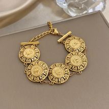 Retro Geometric Hollow Round Coin Patchwork Bracelet Unique Gold Plated Stainless Steel Chain Bracelets Ethnic Jewelry