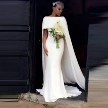 Simple Mermaid Wedding Dresses with Cape Elegant Bateau Bridal Gowns Cheap White Bridal Party Dress