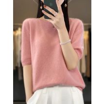 100% czysta wełna T-shirt wiosenny i letni nowy damski sweter z okrągłym dekoltem z krótkim rękawem luźny sweter z pięcioma rękawami wysokiej klasy top