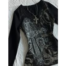 HOUZHOU Vintage Gothic T-shirts Women Y2k Black Punk Graphic T-shirt Grunge Retro Sexy V-neck Cotton Tees Aesthetic Harajuku Top