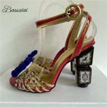 Braided Sequins Cane Knitted Sandals Women Print High Heel Ankle Strap Diamond Pompoms Flower Party Shoes Summer