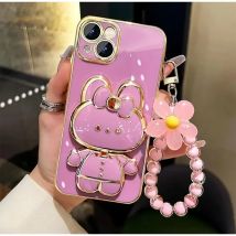 Bead bracelet Rabbit Mirror Rabbit Flower Strap Case For iPhone 16 Pro Max 15 Plus 14 13 12 11 SE 2022 Electroplated Kickstand