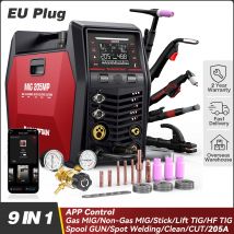 ARCCAPTIAN-máquina de soldadura MIG de aluminio, 9 en 1, aplicación de núcleo de flujo de Gas, MIG, corte MMA, elevación, HT, pistola de carrete TIG, soldador de sincergía limpio 240V205A