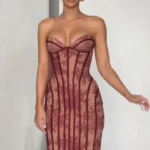 Modisches gestreiftes Blumenmuster-Kleid, sexy schulterfrei, rückenfrei, verstellbarer Taillenbund, schmal geschnitten, Vestidos 2026, Damen-Party- und Abendkleider