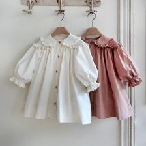 2023 frühjahr Neue Kinder Langarm Casual Kleid Baumwolle Mädchen Nette Lose Puff Sleeve Kleid Kleinkind Strickjacke Kleid Kinder Kleidung