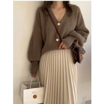 Neue übergroße Damen pullover Herbst Winter modische lässige blaue Strickjacken mit V-Ausschnitt, einreihige Strickjacke mit Puff ärmeln