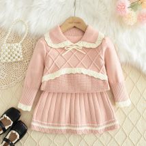 Nette Koreanische Version kinder Kleidung Süße Spitze Bogen Stricken Mädchen Anzug Winter Einfarbig Pullover + Rock Zwei-stück Sets