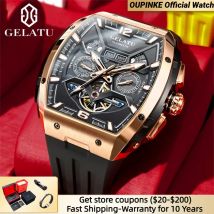 GELATU 6013 Mechanische Uhr für Herren, 3D-Aushöhlung, wasserdicht, Dual-Kalender, Silikonarmband, leuchtende automatische Herren-Armbanduhr