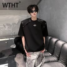 WTHT Moda Uomo Tinta unita Patchwork in metallo Spalline T-shirt casual O-Collo Maniche lunghe Magliette larghe Uomo Estate 2A0355