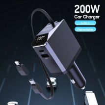 Caricabatteria da auto da 200 W, adattatore da auto retrattile 4 in 1 con cavo di ricarica rapido USB tipo C da 100 W per iPhone 16 15 Samsung MacBook Pro