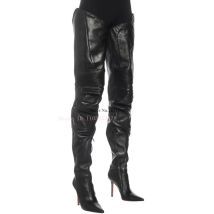 Oberschenkelhohe Overknee-Stiefel aus schwarzem Leder mit dünnem Absatz für Damen, super spitzer Zehenbereich, hoher Absatz, Nachtclub, langer Stiefel