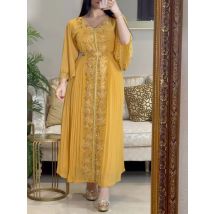 Frühling Sommer Frauen Lange Maxi Lose Kleid Nahen Osten Gestickte Naht Diamant Kraft Tan Robe Abendkleid