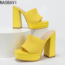 NASBAVI Gemütlicher Stretch-Stoff, gestrickt, klobige High Heels, Damen-Slipper, modische Plattform, offene Zehen, Hochzeit, Party, Damenschuhe