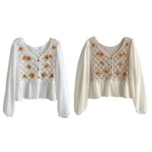 Retro Women Knit Cardigan Exquisite French Embroidered Babydoll Shirt Blouse Top